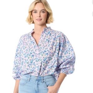 Jessica Simpson Pink Floral Button-Front Blouse with Blue Accents